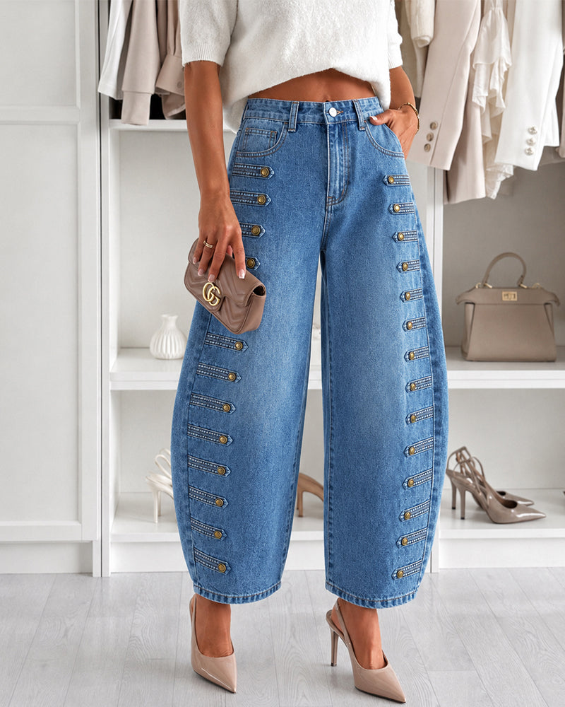 Women's Wide Leg Jeans High Waisted Side Button Denim Pants Distressed Washed Trousers Retro Y2K Streetwear