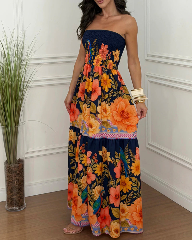 CHICME Women's Tropical Floral Print Bandeau Maxi Dress Shirred Ruffle Hem Vacation Dress with Pockets and Detachable Clear Straps
