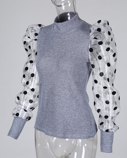 Dot Mesh Patch Mock Neck Puff Sleeve Blouse Casaul Pullover Knit Top
