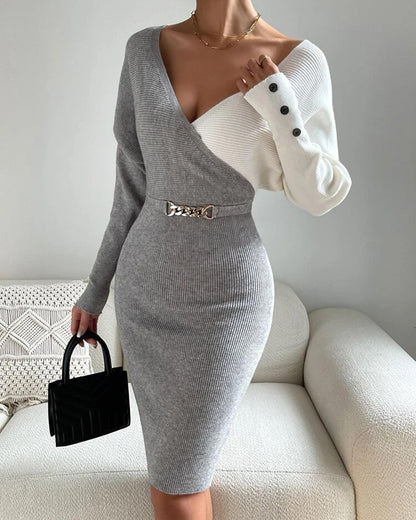 Chain & Button Decor Colorblock V-Neck Long Sleeve Knit Sweater Dress Slim Fit Midi Dress