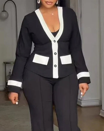 Women's Contrast Binding Coat Casual Slim Fit V Neck Jacket Button Front Office Business Workwear