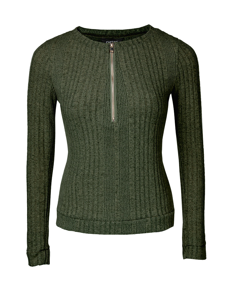 Crewneck Long Sleeve Ribbed Top Half Zipper Design Casual Pullover Tops