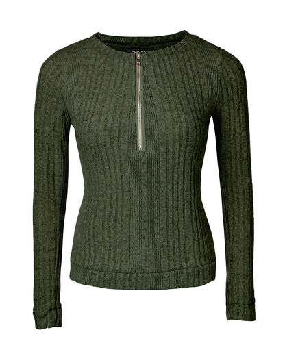 Crewneck Long Sleeve Ribbed Top Half Zipper Design Casual Pullover Tops