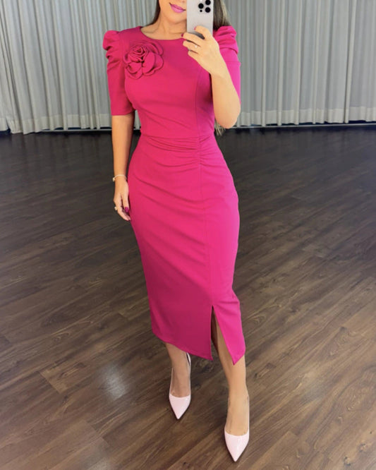 3D Flower Decor Round Neck Puff Sleeve Bodycon Dress Casual Ruched Slit Zipper Back Work Dress