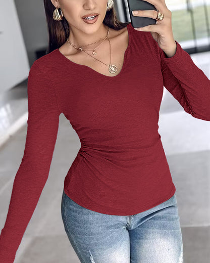 ChicMe Built-in Bra Notch Neck Long Sleeve Shirts Rib-Knit Ruched Waist Top