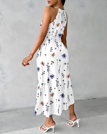 Watercolor Ditsy Floral Print Halter Tie Hollow-out Criss Cross Spliced Front Ruched Dress Casual Draped Slit Front Vacation Dress