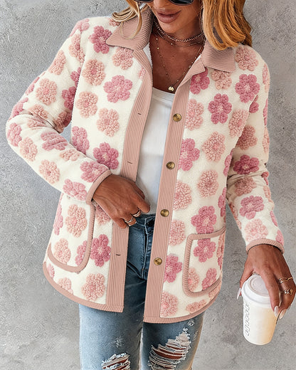 CHICMELIVE Women's Soft Floral Sherpa Jacket Corduroy Button Down Coat