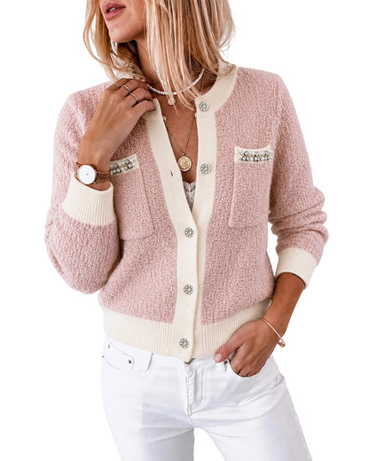 CHICMELIVE Women Contrast Trim Knit Cardigan Elegant Button Front Sweater