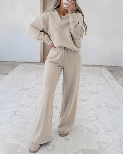 Women's Two Piece Sweatsuit Polo V Neck Pullover and Drawstring Wide Leg Pants Casual Lounge Set