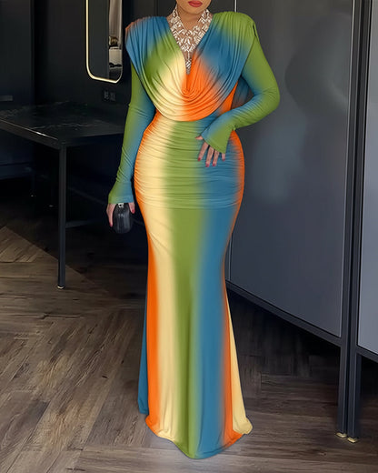 Tie Dye Print Cowl Neck Long Sleeve Backless Maxi Dress Slim Fit Zipper Back Ruched Mermaid Hem Evening Dress
