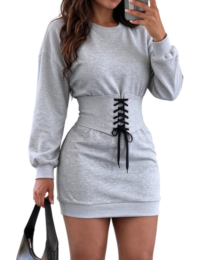 CHICMELIVE Women's Crew Neck Lace-Up Corset Waist Sweatshirt Mini Dress