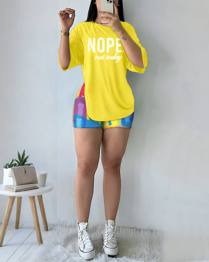Women's 2 Piece Set Nope Not Today Slogan Half Sleeve Tee and Tie Dye Slim Fit Biker Shorts Set