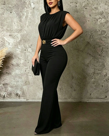 Women's Sleeveless Jumpsuit Shoulder Pad Ruched Round Neck Backless Overalls Elegant Flared Jumpsuit with Gold Belt