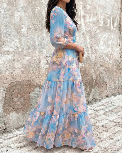 ChicMeLive Women's Watercolor Floral V-Neck Shirred High Waist Maxi Dress Three Quarters Lantern Sleeve A-Line Ruffle Hem Chiffon Vacation Dress
