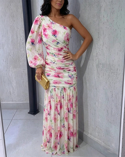 Women's Floral One Shoulder Evening Dress Elegant Lantern Sleeve Ruched Maxi Gown Casual Sheer Mesh Mermaid Dress
