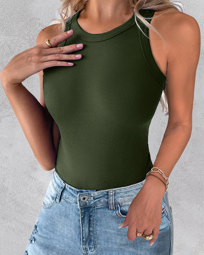 2-Pack Round Neck Thick Strap Racerback Ribbed Tank Slim Fit Tops without Bra Pads