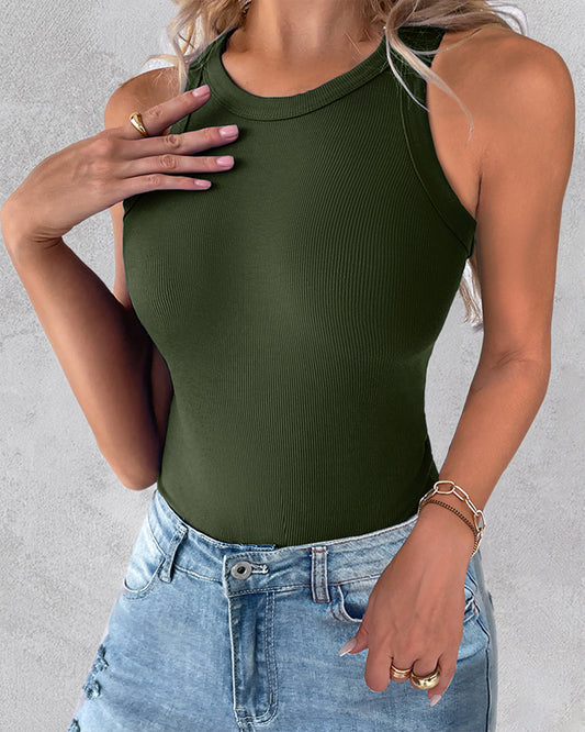 2-Pack Round Neck Thick Strap Racerback Ribbed Tank Slim Fit Tops without Bra Pads
