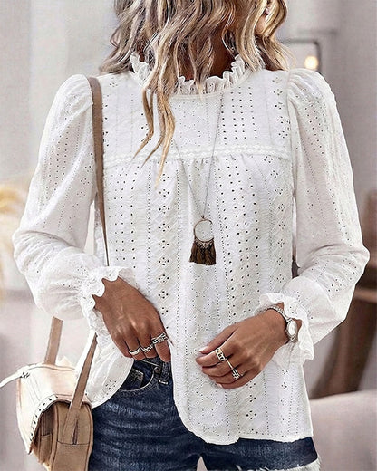 Women's French Style Eyelet Embroidery Blouse Elegant Frill Hem Stand Collar Puff Sleeve Top Lace Patchwork Shirt