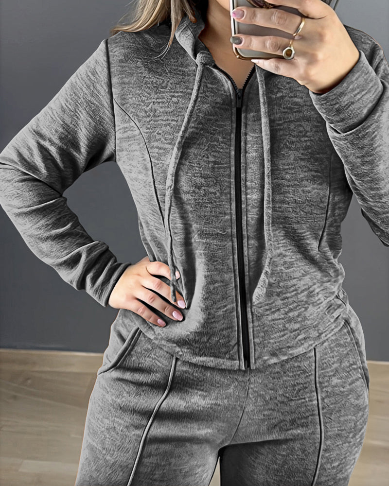 2 Pieces Outfit Long Sleeve Zip Up Drawstring Hoodie Coat and Casual Elastic Waist Seam Front Wide Leg Pants Set