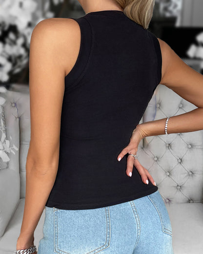 Contrast Sequin Leopard Pattern O-neck Sleeveless Tank Tops Slim Fitted Shirt