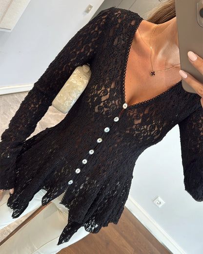 Lace Trim V Neck Button Front Blouse Elegant Asymmetrical Ruffle Hem Top