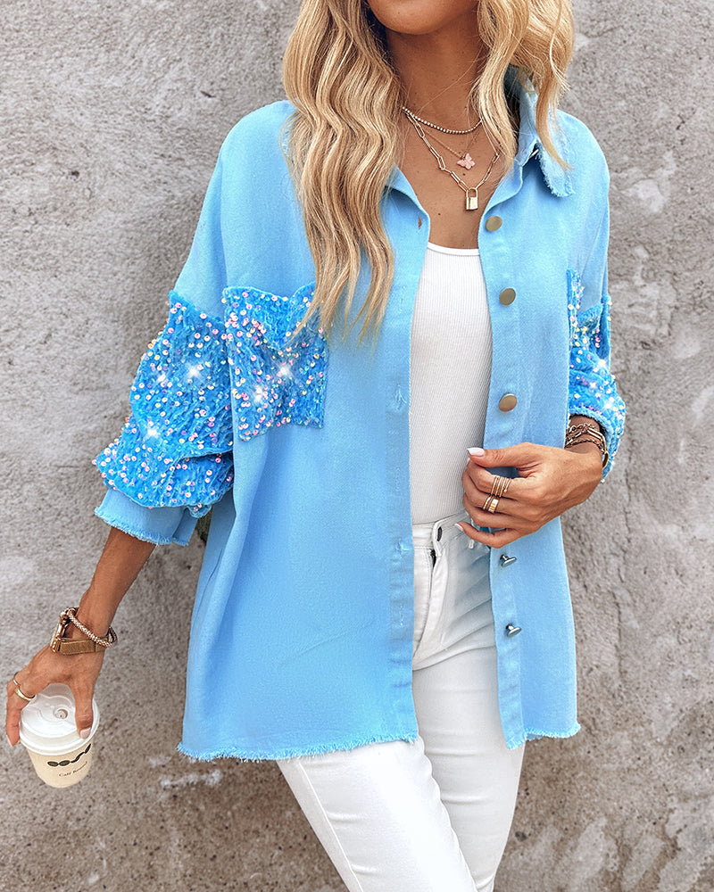 Casual Jacket Sequin Patchwork Long Sleeve Jacket Top Button Front Raw Hem Oversized Denim Shacket