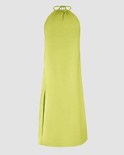 Halter Sleeveless Backless Maxi Dress Casual Shirred Back Side Slit Vacation Dress