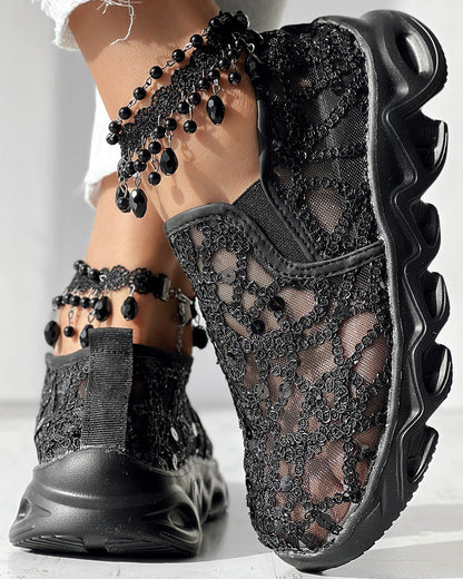 Contrast Sequin Sheer Mesh Patch Breathable Sneakers