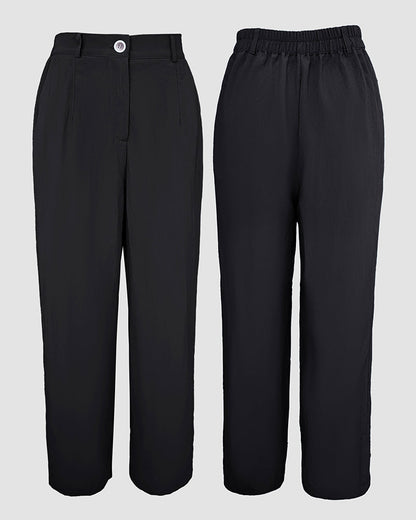 2 Pieces Outfit Turn-down Collar Turn-Up Sleeves Button Front Flap Pockets Design Top and Causal Zipper Fly Elastic Back Waist Wide Leg Pants Set