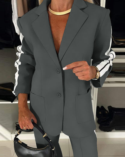 2 Pieces Outfit Notched Collar Single Breasted Pockets Design Coat and Elastic Waist Seam Front Wide Leg Pants Set Casual Contrast Side Striped Blazer Set