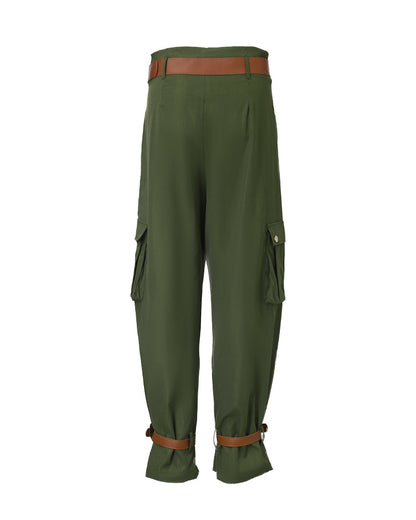 Women's Pockets Design Cargo Pants Casual High Waisted Trousers with Contrast Belt