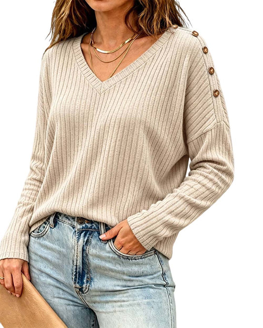 CHICMELIVE Women Long Sleeve Shirts V Neck Knit Ribbed Tops