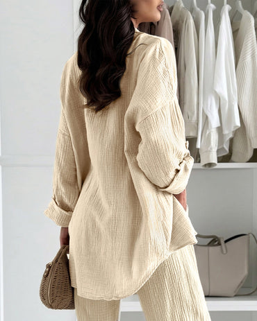 Women's Button Down Shirt Loose Fit Roll-Up Sleeves Textured Blouse Long Sleeve Casual Top