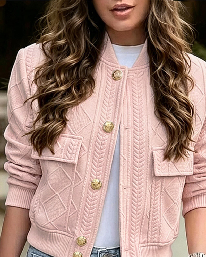 Women's Vintage Argyle Cable Knit Bomber Jacket Elegant Baseball Collar Button Down Cropped Coat with Flap Pockets