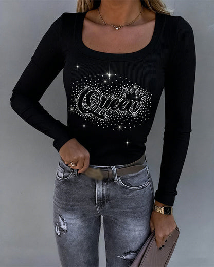Women's Square Neck Long Sleeve Top Rhinestone Faith Letter Graphic Ribbed Knit Shirt Slim Fit Casual Sparkly Tee