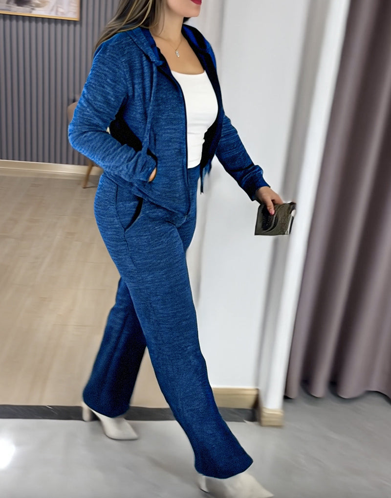 2 Pieces Outfit Long Sleeve Zip Up Drawstring Hoodie Coat and Casual Elastic Waist Seam Front Wide Leg Pants Set