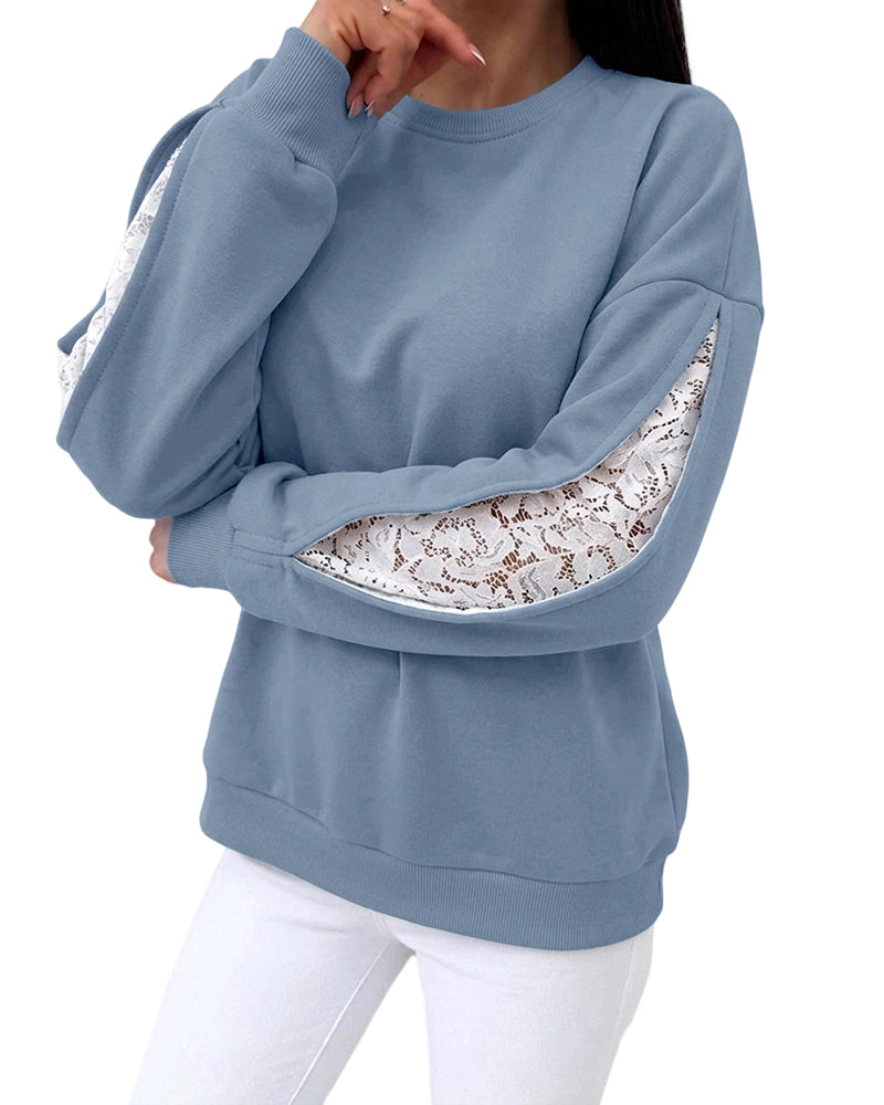 CHICMELIVE Oversized Sweatshirt for Women Lace Sleeve Cutout Fall Pullover