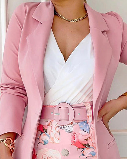 2 Pieces Outfits Notched Collar Long Sleeve Blazer Coat and Floral Print Zipper Fly Shorts Set With Belt