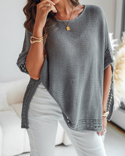 Solid Batwing Sleeve Hollow-out Crochet Pattern Top Casual Cover Up