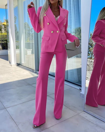 2 Pieces Outfit Notched Collar Double-Breasted Flap Detail Coat and Zipper Fly Elastic Back Waist Slim Fit Flared Pants Set Casual Blazer Set