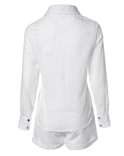 2 Pieces Outfit Turn Down Collar Button Front Eyelet Embroidery Top And Casual Elastic Waist Shorts Set With Lining