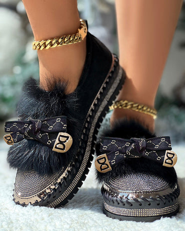 Rhinestone Bowknot Design Platform Fuzzy Slip-On Loafers