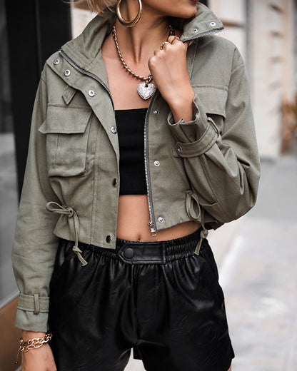 High Neck Zip Up Snap Button Front Flap Pockets Design Cargo Biker Jacket Casual Drawstring Crop Coat