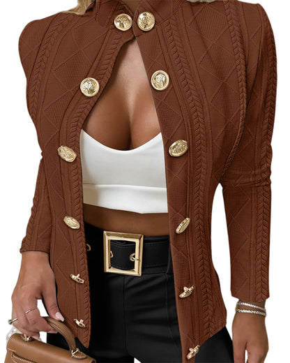 CHICMELIVE Women's Argyle Cable Knit Cropped Jacket Casual Stand Collar Coat