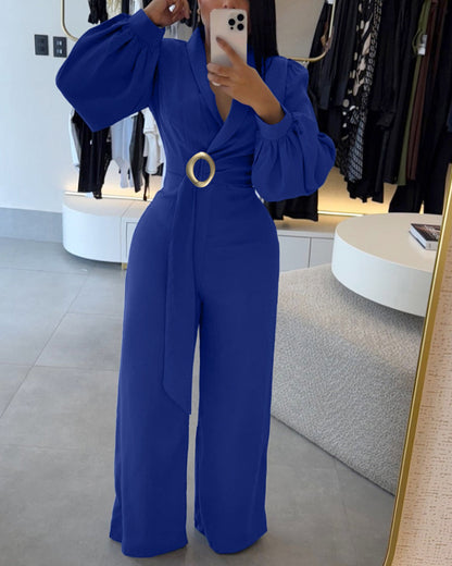 Metal Ring Decor Overlap V-Neck Lantern Sleeve Zipper Back Jumpsuit Casual Cinched Waist Wide Leg Jumpsuit