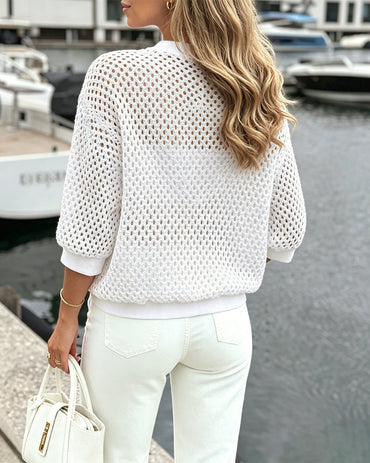 Women's Hollow Out Half Sleeve Knit Coat Baseball Collar Zipper Up Drawstring Hem Crop Jacket