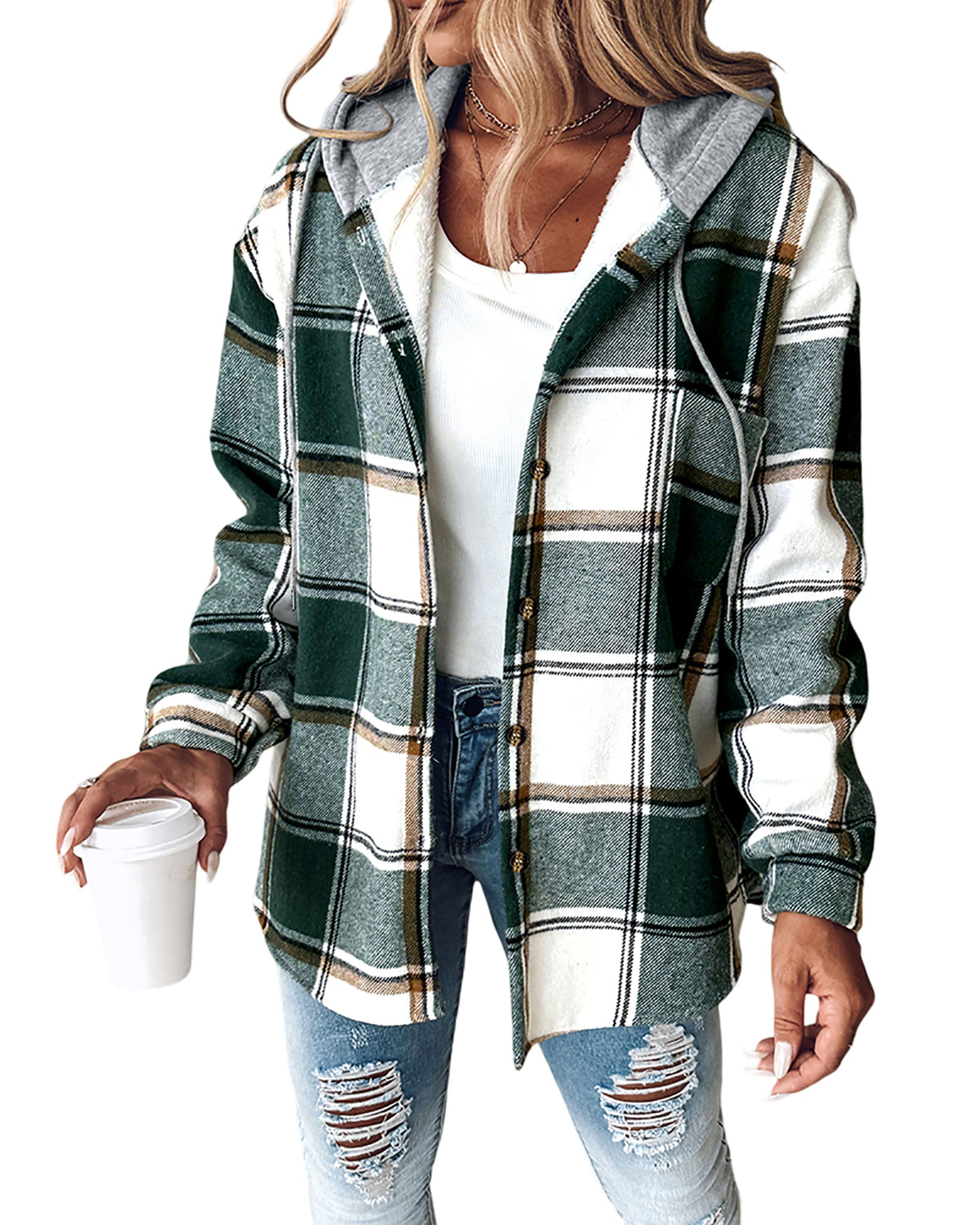 CHICMELIVE Womens Casual Jacket Plaid Hooded Fleece Lined Shacket