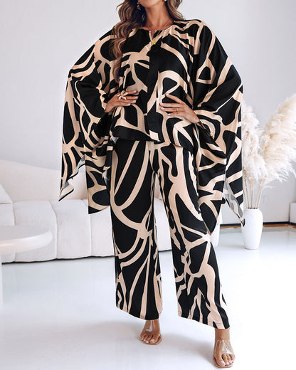2 Pieces Outfit Abstract Print Batwing Sleeve Asymmetrical Top and Casual Wide Leg Pants Set