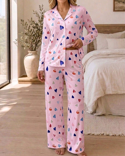 Women's Colorful Heart Print 2 Piece Pajama Set Long Sleeve Button Down Top and High Waisted Pants Casual Lounge Sets