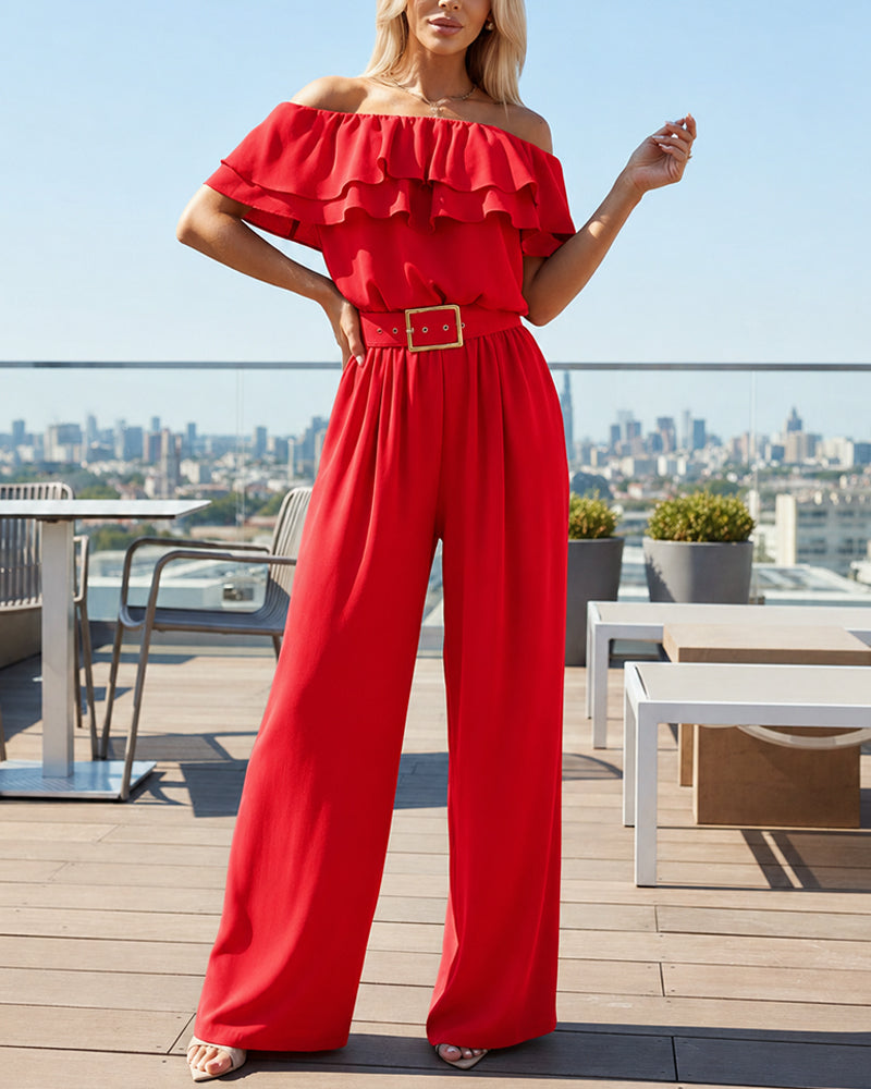 Women's Ruffle Off Shoulder Jumpsuit Casual Wide Leg Overalls with Detachable Clear Straps and Belt